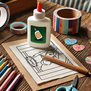 Een tafel vol met knutselspullen en een Ozosnel kleurplaat in het midden.