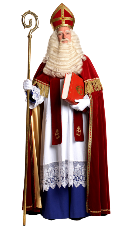 Sinterklaas kijkt naar jou en heeft een staf en het grote boek vast