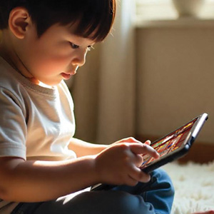 Een kind speelt een Sinterklaasspel op een tablet.
